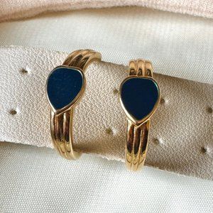 Vintage Gold Tone Hoops with Navy Enamel | Statement Earrings